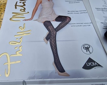 Vintage Thigh High Stockings, 90s Hold Ups - Philippe Matignon Ambition Black Lace Leaf Crochet Knit Hosiery, Size ML, Deadstock NIP