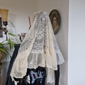 May include: An antique ivory lace mantilla, with detailed floral and leaf patterns. The delicate fabric is draped over a mannequin, highlighting the intricate embroidery and ruffled edges. A traditional head covering.