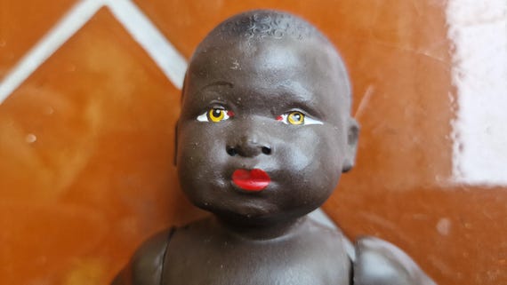 Vintage Celluloid Doll, Petitcollin French Black Baby Toy 20 Cm