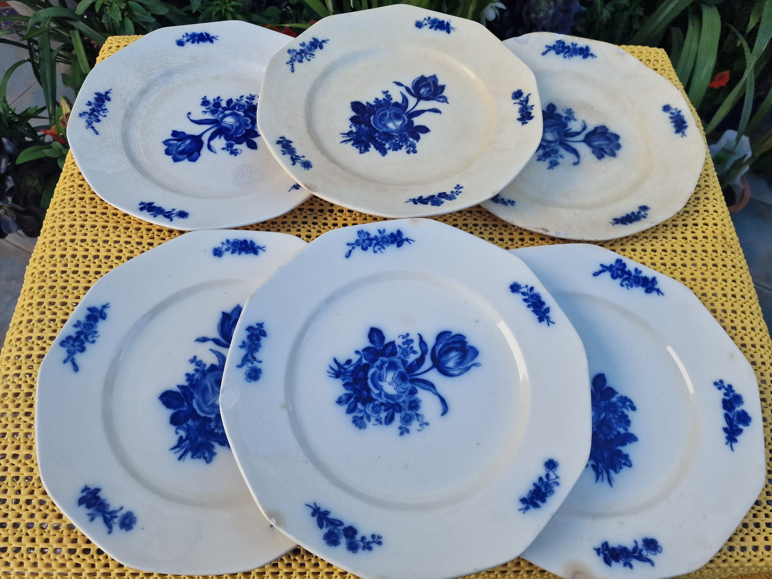 ビレロイ＆ボッホ  METTLACH メトラッハ セット Set of 6 Villeroy & Boch Mettlach Blue Rose Plates, Art Nouveau