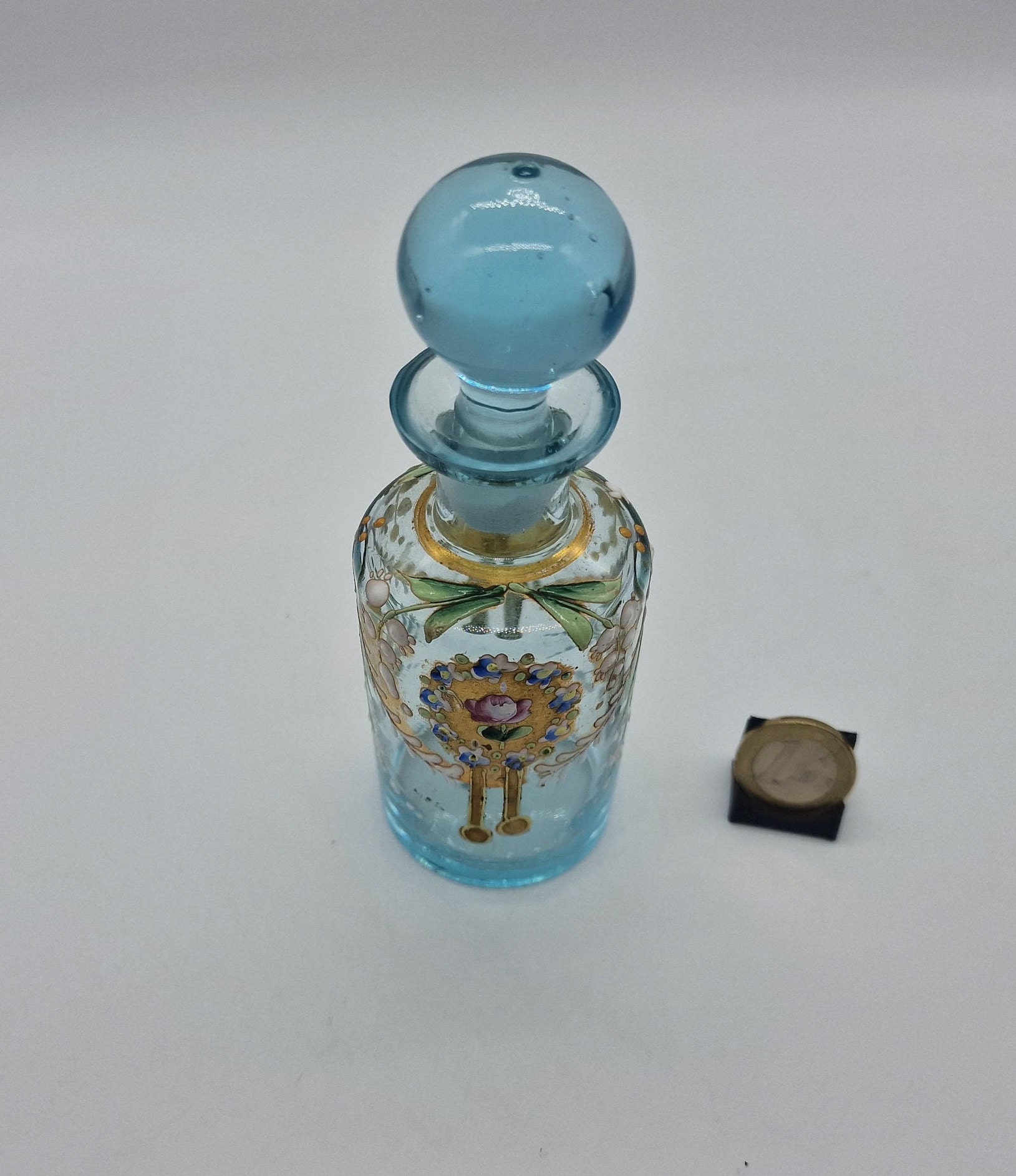 アンティーク 香水瓶 ブルーガラス エナメルと金彩 鈴蘭 1910年頃