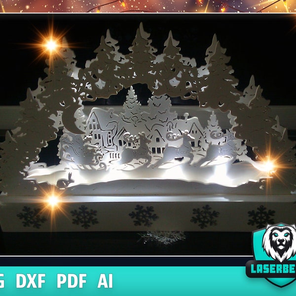 3D Puzzle Lasercut  Cut Christmas Ornaments Lamp Night Scene Wooden Window SVG Schwibbogen Schwib Bogen Glowforge