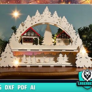 3D Puzzle Lasercut Cut Christmas Ornaments Lamp Night Scene Wooden Window SVG Schwipp Bogen