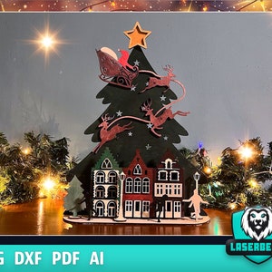3D Puzzle Lasercut Cut Christmas Ornaments Lamp Night Scene Wooden Window SVG Schwibbogen Schwib Bogen Glowforge Christmas Tree
