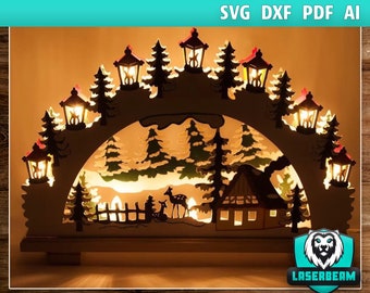 3D Puzzle Lasercut Cut Christmas Ornaments Lamp Night Scene Wooden Window SVG Schwipp Bow