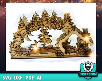 3D Puzzle Lasercut Cut Christmas Ornaments Lamp Night Scene Wooden Window SVG Schwibbogen Schwib Bogen Glowforge