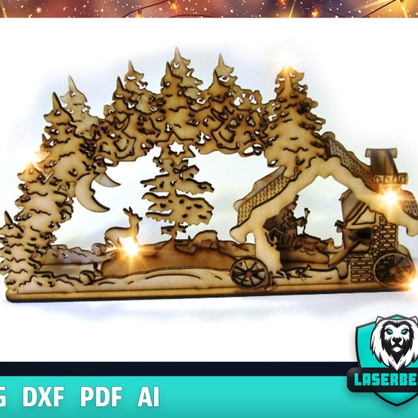 3D Puzzle Lasercut Cut Christmas Ornaments Lamp Night Scene Wooden Window SVG Schwibbogen Schwib Bogen Glowforge