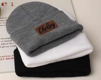 Personalized Printed Name Beanie  Leather Patch Beanies