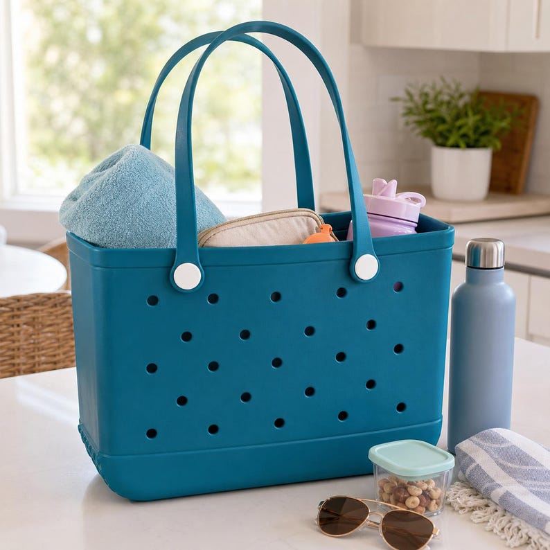 May include: A teal rectangular tote bag with a perforated body and two matching handles attached by white circular fasteners. The bag contains a blue towel, a beige pouch, and a light purple bottle, while a water bottle sits beside it.