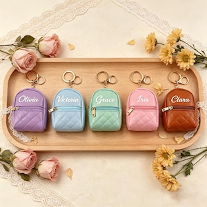 May include: Five miniature backpack keyrings in lavender, light blue, mint green, pink, and brown. Each keyring has a gold zip and a name printed on the front: Olivia, Victoria, Grace, Iris, and Clara. The keyrings are arranged on a wooden tray.