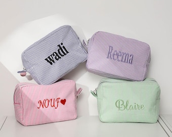 Personalized Seersucker Cosmetic Bag, Monogrammed Toiletry Bag, Bridal Gift, Bridesmaid Proposal Gift, Bridesmaid Makeup Bag, Cosmetic Pouch