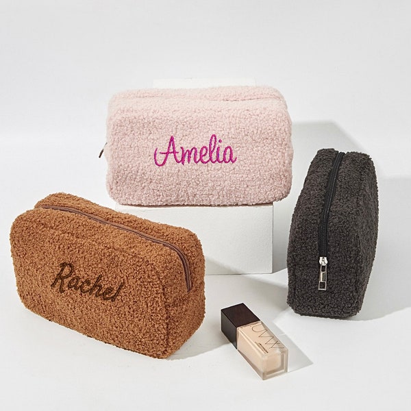 Customized embroidery cosmetic bag personalized embroidery teddy hair cosmetic bag travel bags to wash bag women