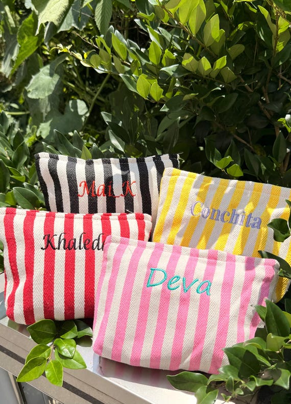Pastel Striped Monogramed Makeup Bag, Personalized Toiletry Pouch, Embroidered Cosmetic Case, Bridal Shower Gift, Mother's Day Coquette