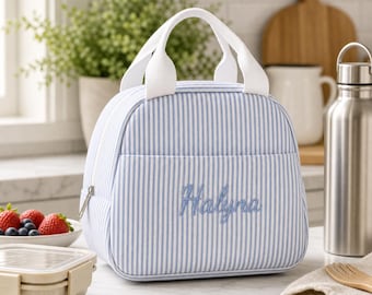 Personalized Embroidered Lunch Bag, Custom Name Striped Insulated Lunch Box, Monogram Lunch Tote for Kids Women, Back to School Gift