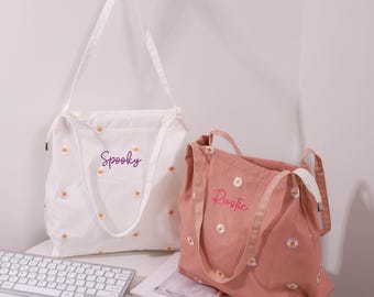 Personalized Tote Bag with Zipper,Daisy Embroidered Floral Tote Bag,Handmade Purse,Aesthetic Flower Tote Bag