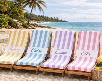 Gepersonaliseerde gestreepte strandhanddoek, aangepaste naam zwembadhanddoek, cabana streep strandlaken, zomervakantie cadeau, strandlaken bruidsmeisje