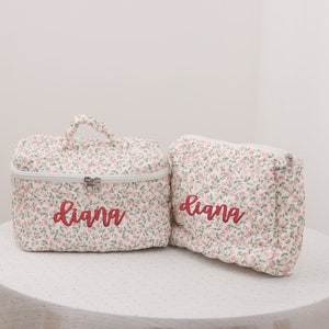 Bestickte schicke Make-up-Taschen-Set für Frauen (2 Stück) - Elegante gesteppte Blumenkosmetik-Reisetaschen, personalisierte Toilettentasche