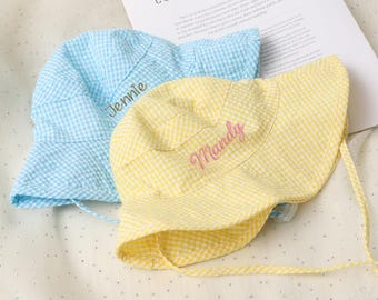 Embroidered Swim Hat with Name | Kids Sun Hat | Baby Swim Hat | Pink Stripe Seersucker Pool Hat | Floppy Beach Hat Personalized