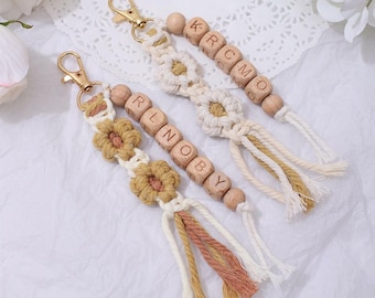 Custom Macrame Flower Keychain With Name, Personalized Gifts, Mom Gift, Boho Keychain, High-quality Cotton Cord, Natural Wooden Beads