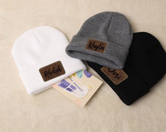 Personalized Printed Name Beanie  Leather Patch Beanies