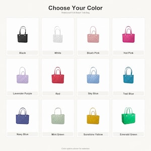 May include: A grid of twelve waterproof EVA beach tote bags in various colors including black, white, blush pink, hot pink, lavender purple, red, sky blue, teal blue, navy blue, mint green, sunshine yellow, and emerald green with cutouts.