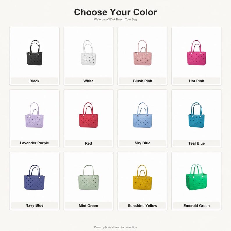 May include: A grid of twelve waterproof EVA beach tote bags in various colors including black, white, blush pink, hot pink, lavender purple, red, sky blue, teal blue, navy blue, mint green, sunshine yellow, and emerald green with cutouts.