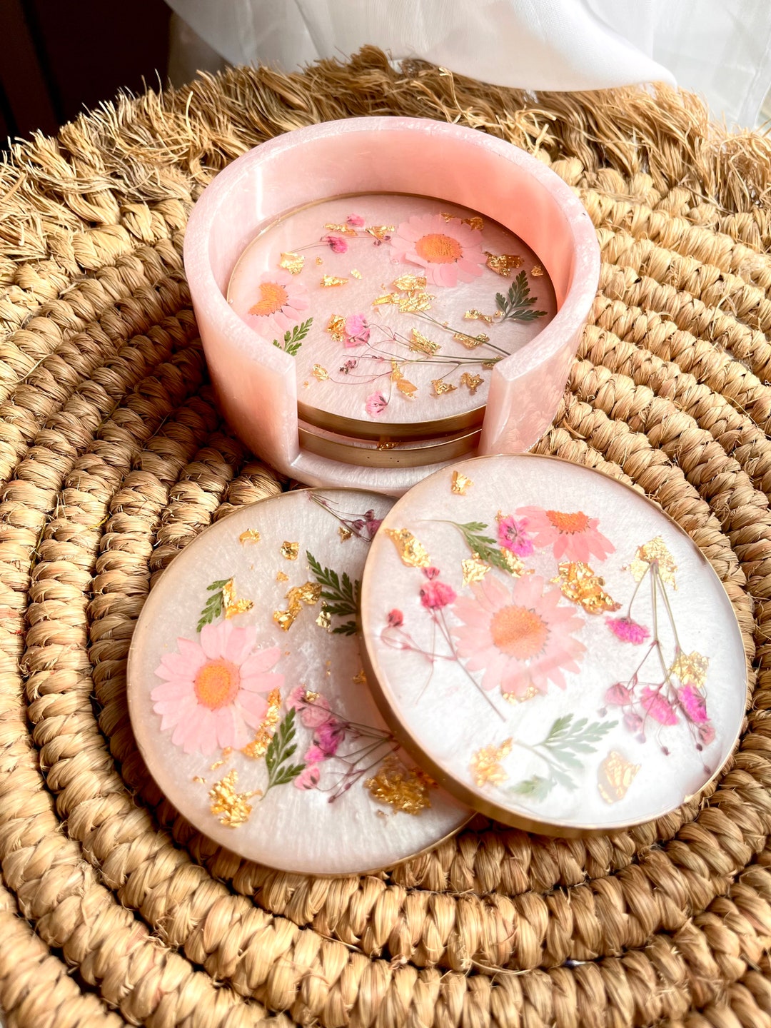 Pink Button Coaster Blush Pink Coaster Set With Real Dried Flowers - Etsy