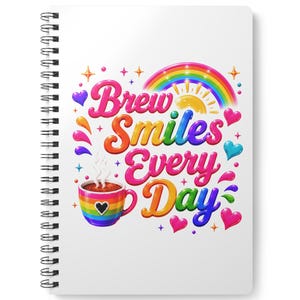 Anteckningsbok för "Brew Smiles Every Day" | Anteckningsbok för kaffeälskare | Regnbågsanteckningsbok | Söt skrivjournal | Present till teälskare | A5 anteckningsblock