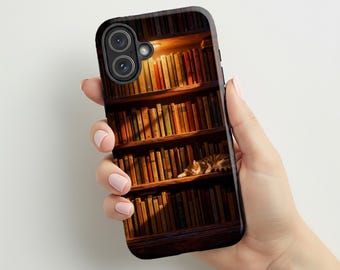 Sleepy Kitty Cozy Library Phone Case| Warm Aesthetic Bookshelf| Cat Mom Book Lover Gift| Bookish Cover |Compatible with iPhone® and Samsung®