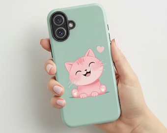 Cute Pink Cat Phone Case | Kawaii Kitty Cover| Pastel Mint Green Aesthetic|Gift for Cat Lovers| Compatible with iPhone® and Samsung®