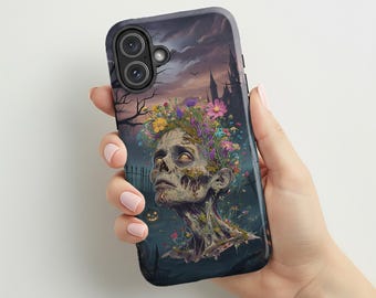 Funda botánica para iPhone con diseño de zombi y Halloween, diseño de calavera con flores, estilo gótico y terror, regalo espeluznante