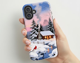 Winter Cabin Phone Case | Cozy Snowy Landscape with Red Cardinal Bird | Christmas Gift| Nature Art| Compatible with iPhone® and Samsung®