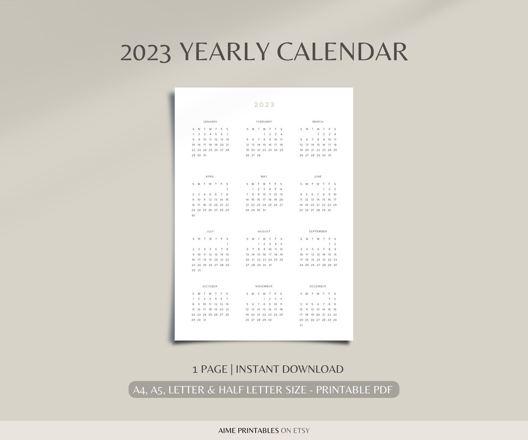 2023 Year Calendar Printable Yearly Wall Calendar Desk - Etsy Australia