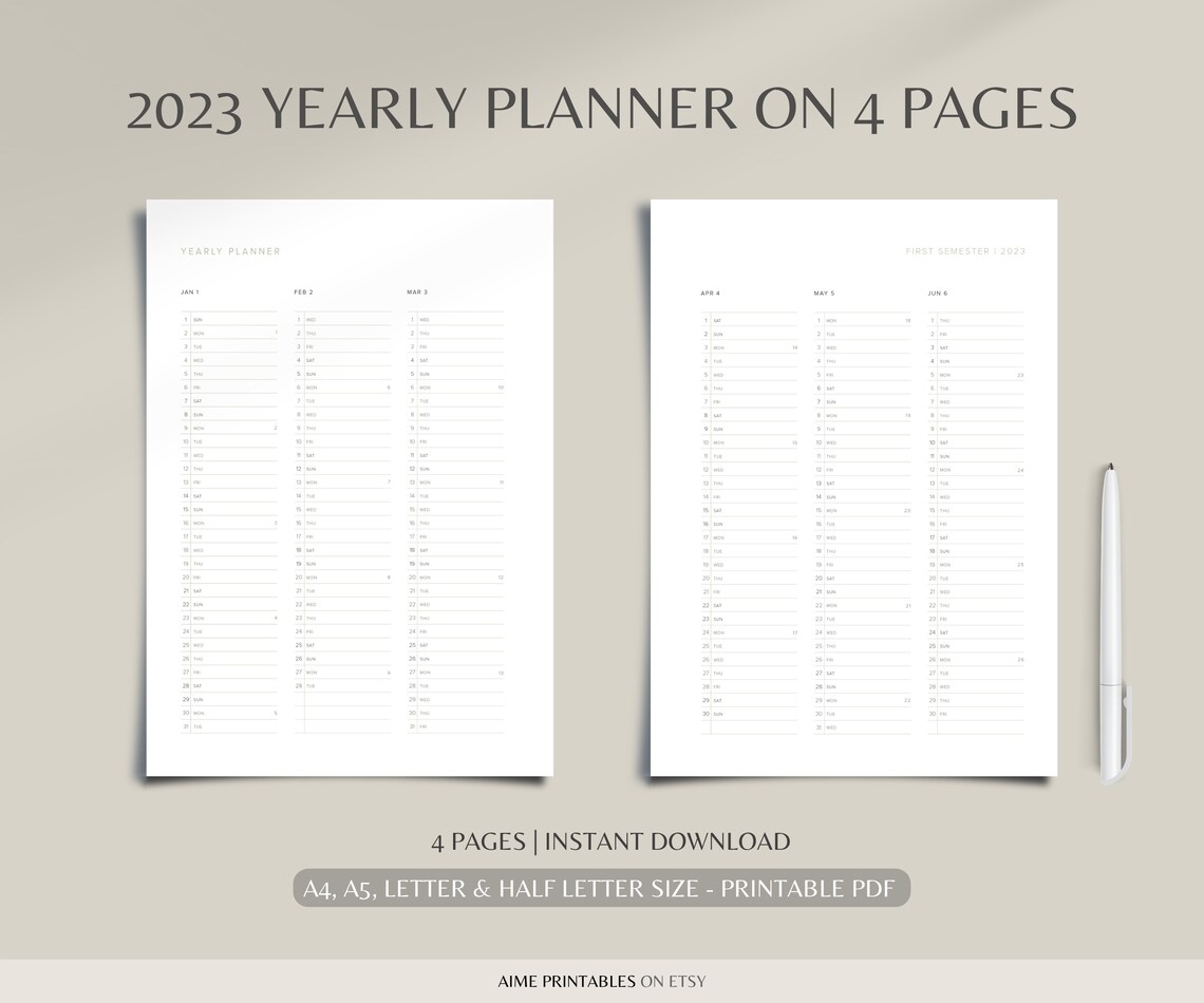 2023 Yearly Planner Printable Year at a Glance Yearly Etsy