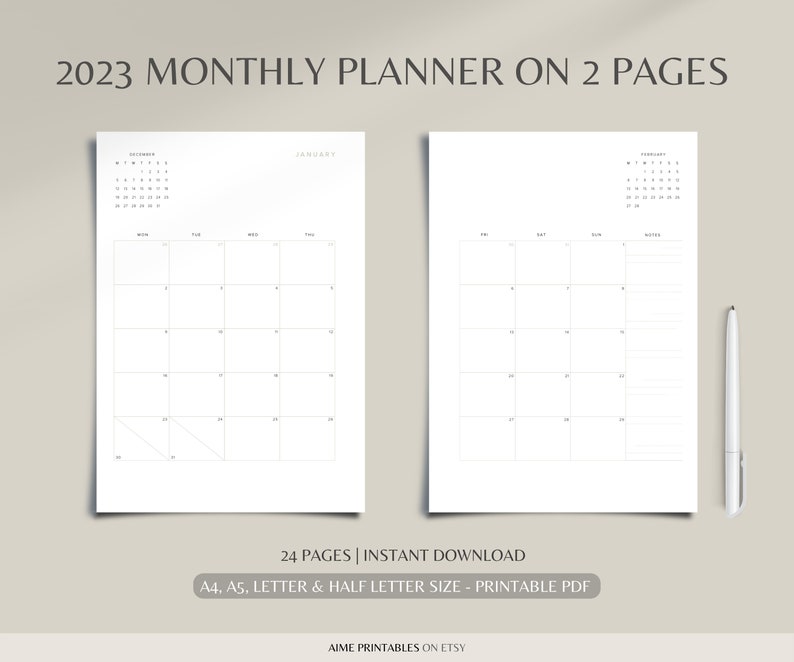 2023 Monthly Planner Printable Dated Month On 2 Pages 2023 Etsy