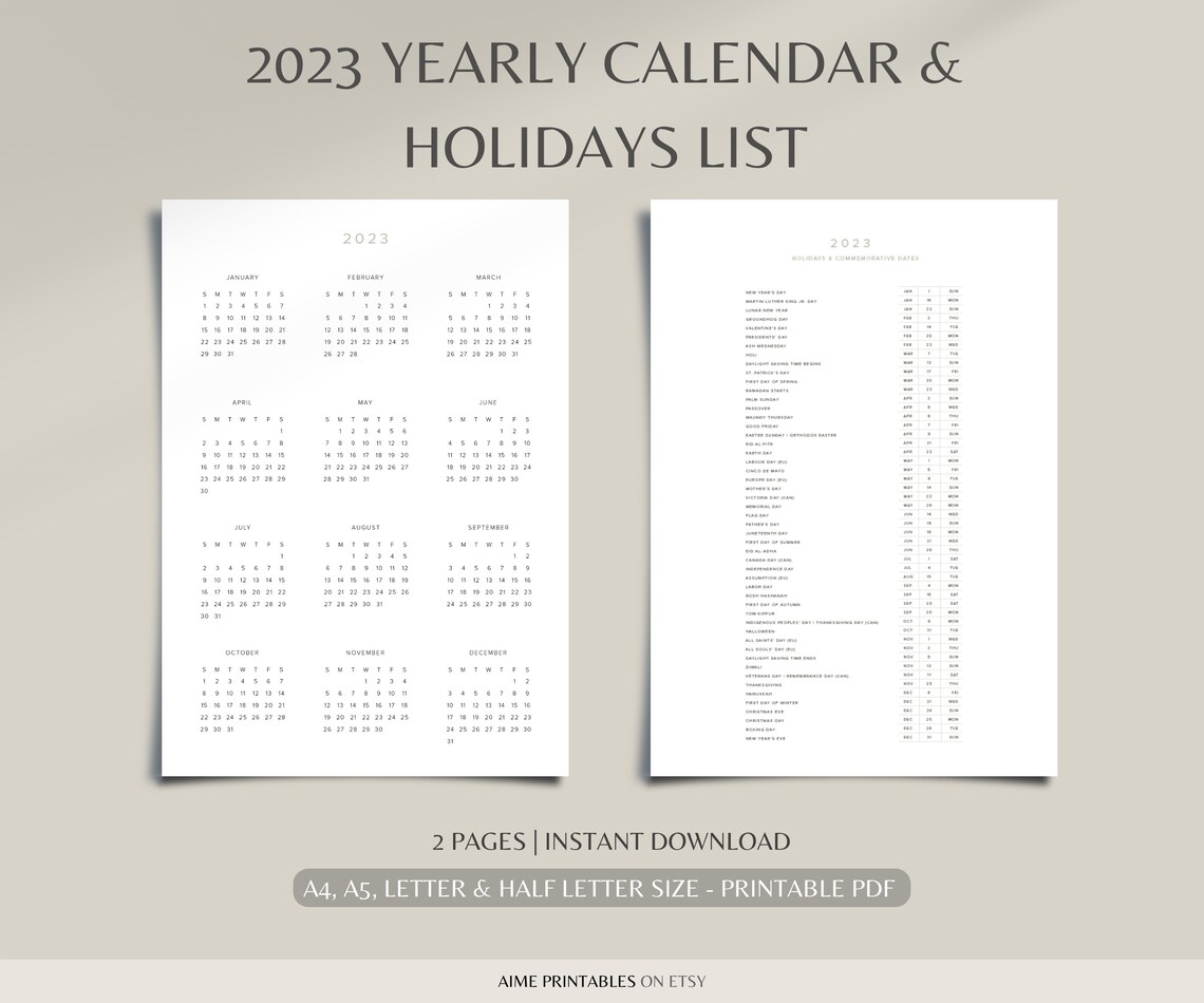 2023 Year Calendar With Holidays on Two Pages, Wall Calendar, Desk