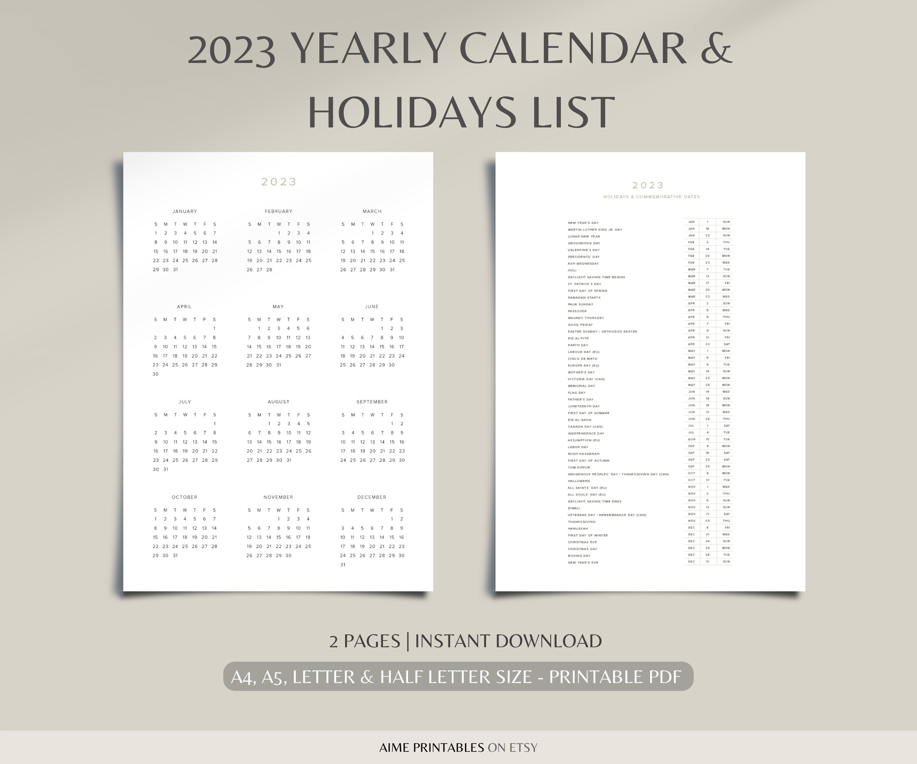 2023 year calendar with holidays on two pages, wall calendar, desk calendar,  sunday/monday start, a4/a5/letter/half, vertical - etsy