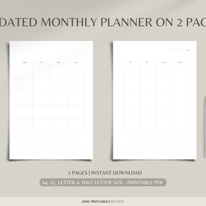 Planificador mensual sin fecha imprimible, mes en dos páginas, mes de un vistazo, inicio domingo/lunes, A4/A5/carta/mitad, descarga instantánea