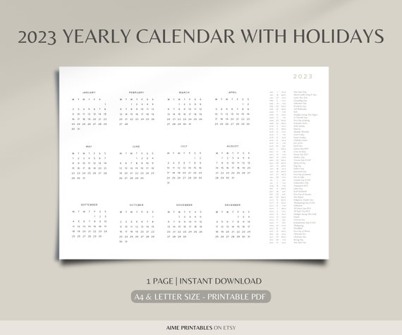 2023 year calendar with holidays on one page, landscape, wall calendar,  desk calendar, sunday/monday start, a4/letter, instant download - etsy