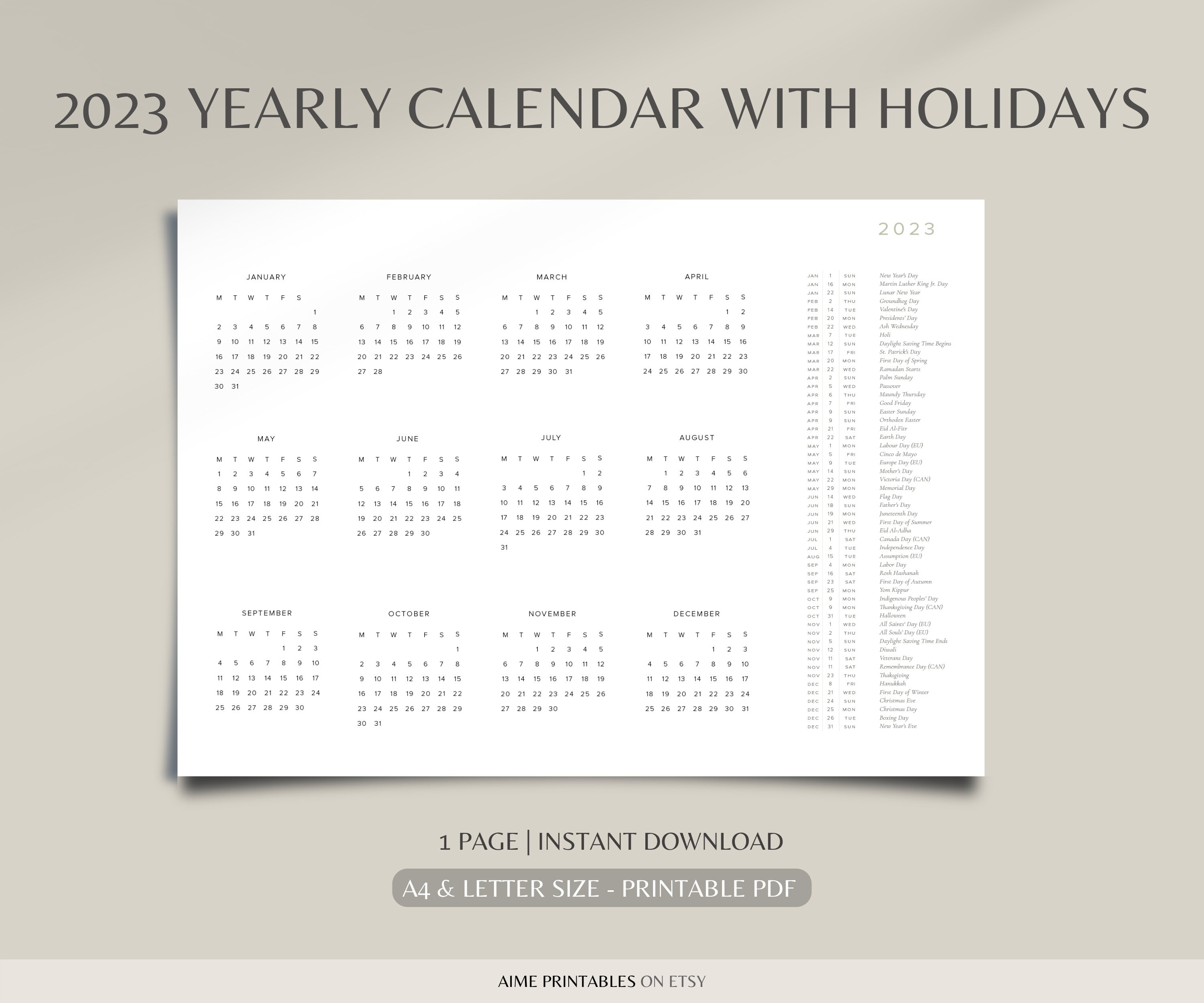 2023 Year Calendar With Holidays on One Page, Landscape, Wall Calendar,  Desk Calendar, Sunday/monday Start, A4/letter, Instant Download - Etsy