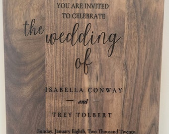 Walnut Wood WEDDING INVITATION Cutting Board Engraved with YOUR Wedding Invitation, Wedding Charcuterie Board, Custom Keepsake 10.5x16