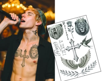 Pop Icon Chest & Neck Belieb-able  Tattoos –  A4 Sheet with Cross, Lion, Bear, Wings | Realistic Fake Tattoos