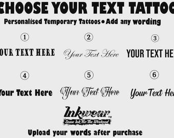 Tatuaggi temporanei personalizzati con testo – Scegli il tuo carattere – Tatuaggi con scritte personalizzate per feste, eventi e regali. Spedizione veloce dagli Stati Uniti.