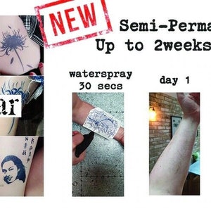 May include: A collage of images showing temporary tattoos on different body parts. The tattoos are black and white and feature various designs, including flowers, animals, and abstract patterns. The text "NEW" is stamped in red on the top left corner of the image. The text "Semi-Permanent Tattoos Up to 2weeks, look real" is displayed in black text on a white background. The text "HARDWear" is displayed in white text on a black background. The text "waterspray 30 secs" is displayed in black text on a white background. The text "day 1", "day 3-10", and "day 15" is displayed in black text on a white background.