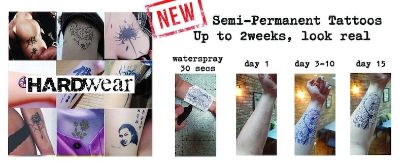 May include: A collage of images showing temporary tattoos on different body parts. The tattoos are black and white and feature various designs, including flowers, animals, and abstract patterns. The text "NEW" is stamped in red on the top left corner of the image. The text "Semi-Permanent Tattoos Up to 2weeks, look real" is displayed in black text on a white background. The text "HARDWear" is displayed in white text on a black background. The text "waterspray 30 secs" is displayed in black text on a white background. The text "day 1", "day 3-10", and "day 15" is displayed in black text on a white background.