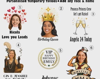 Tatouages visage d'anniversaire sur mesure pour femme - Tatouages temporaires personnalisés - Cadeaux d'anniversaire amusants - Téléchargez votre photo - Expédition rapide aux États-Unis