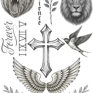 Tatuajes realistas de íconos del pop para pecho y cuello: hoja A4 con cruz, león, oso y alas.