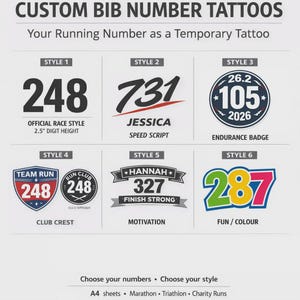 Custom Bib Number Tattoos – Your Running/Swim Number as a Temporary Tattoo | Marathon, Triathlon & Sports Events | A4 Sheets
