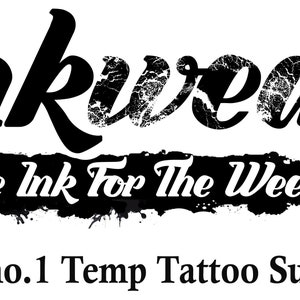 May include: Black and white logo for Inkwear, a temporary tattoo supplier. The logo features the word "Inkwear" in a bold, stylized font with a distressed texture. Below the word "Inkwear" is a black and white banner with the text "Some Ink For The Weekend". Below the banner is the text "UK's no. 1 Temp Tattoo Supplier".