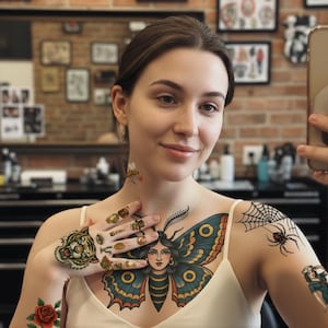 Puede incluir: Una persona con múltiples tatuajes temporales, incluyendo una gran mariposa en el pecho, un tigre en la mano y una telaraña en el hombro. Los tatuajes son coloridos y detallados, con una estética vintage.